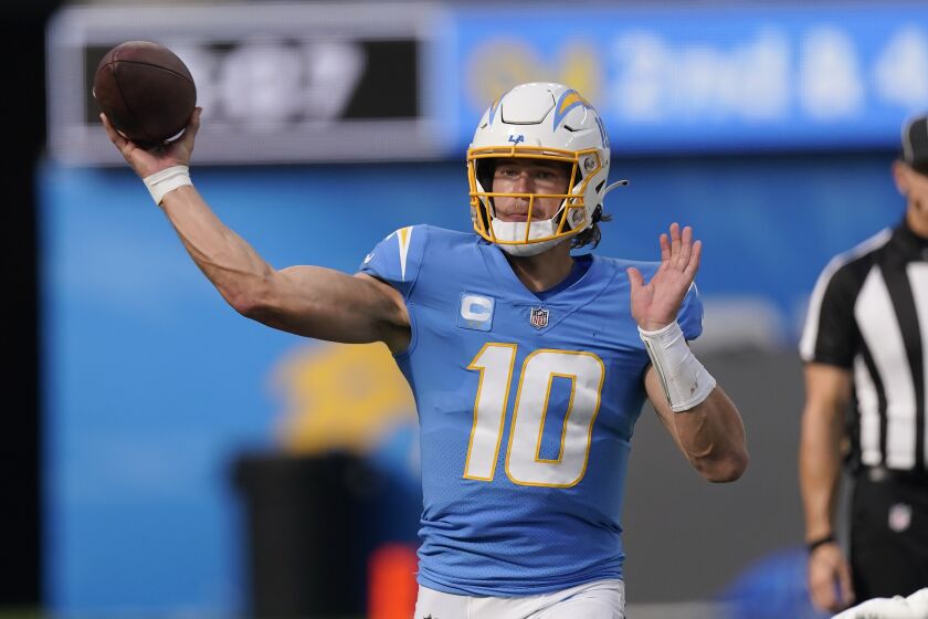 Los Angeles Chargers quarterback Justin Herbert (10) during an NFL football game against the Jacksonville Jaguars in Inglewood, Calif., Sunday, Sept. 25, 2022. (AP Photo/Mark J. Terrill)