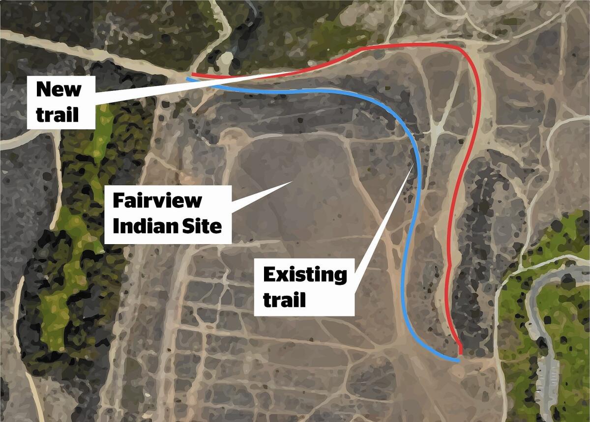 A majority of the Costa Mesa City Council agreed Tuesday to build a new trail, shown in red, in Fairview Park that would replace an aging and cracked asphalt trail, in blue, that goes into Talbert Regional Park.