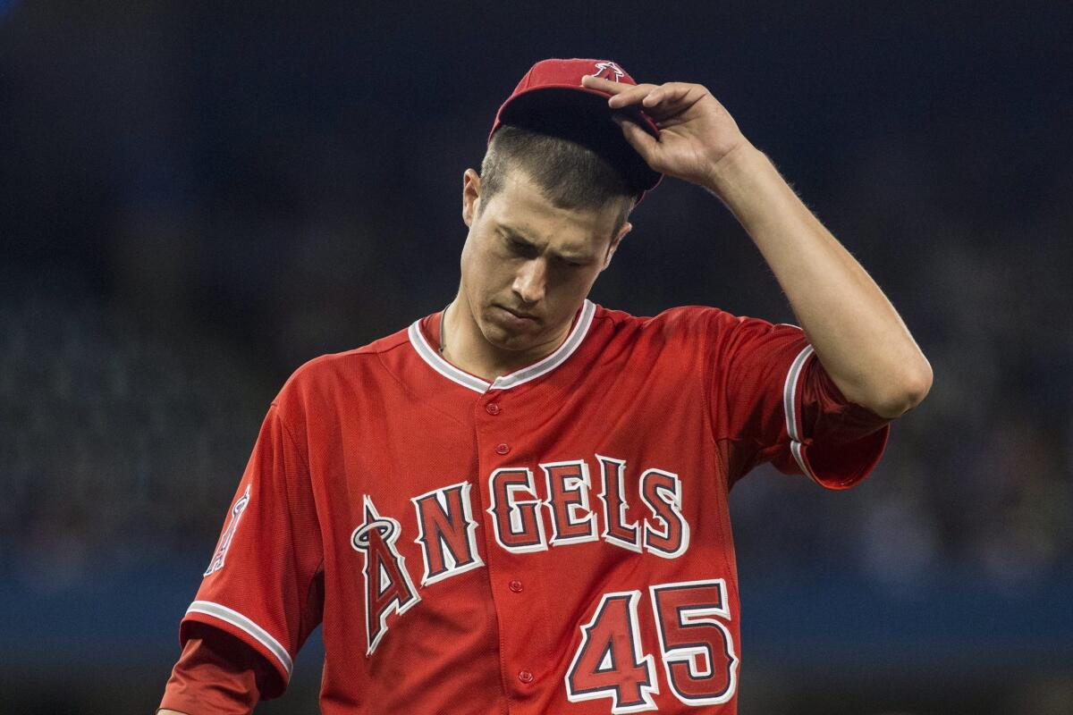 Angels starting pitcher Tyler Skaggs makes his way back to the dugout during a game against the Toronto Blue Jays on May 10.