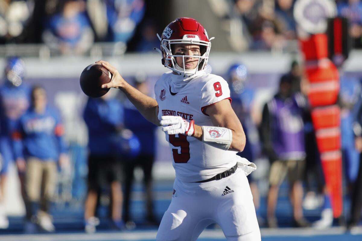 Fresno State quarterback Jake Haener passes against Boise State in the Mountain West Championship game on Dec. 3.