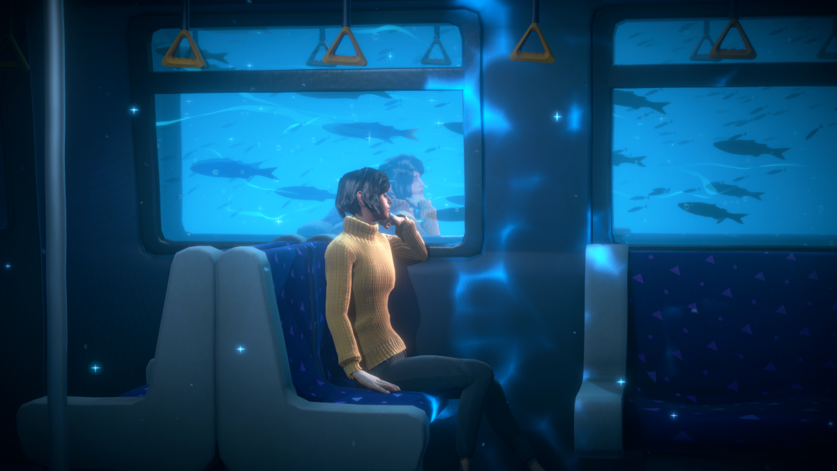 A woman sits inside of a train that's underwater.
