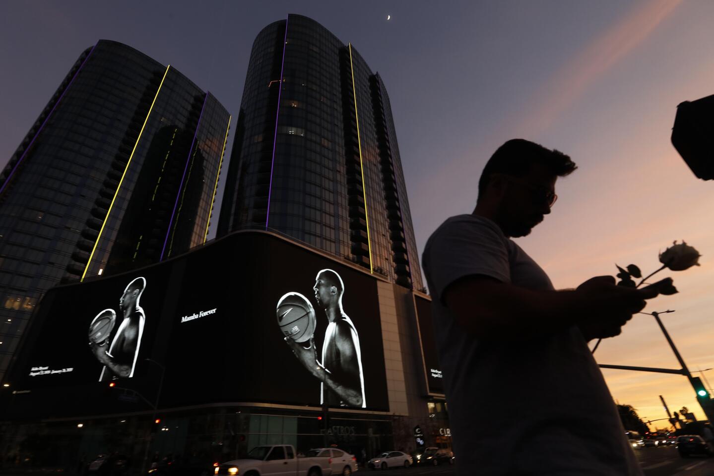 A Kobe Bryant fan carries a rose while standing across the street from the Circa LA Apartments that features a digital memorial to the Lakers star