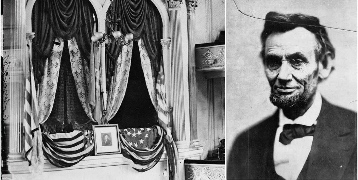 At left, the presidential box at Ford's Theatre in Washington, D.C., the day after Lincoln was shot there by John Wilkes Booth. At right, an 1865 photo of Lincoln believed to be the last taken of him.