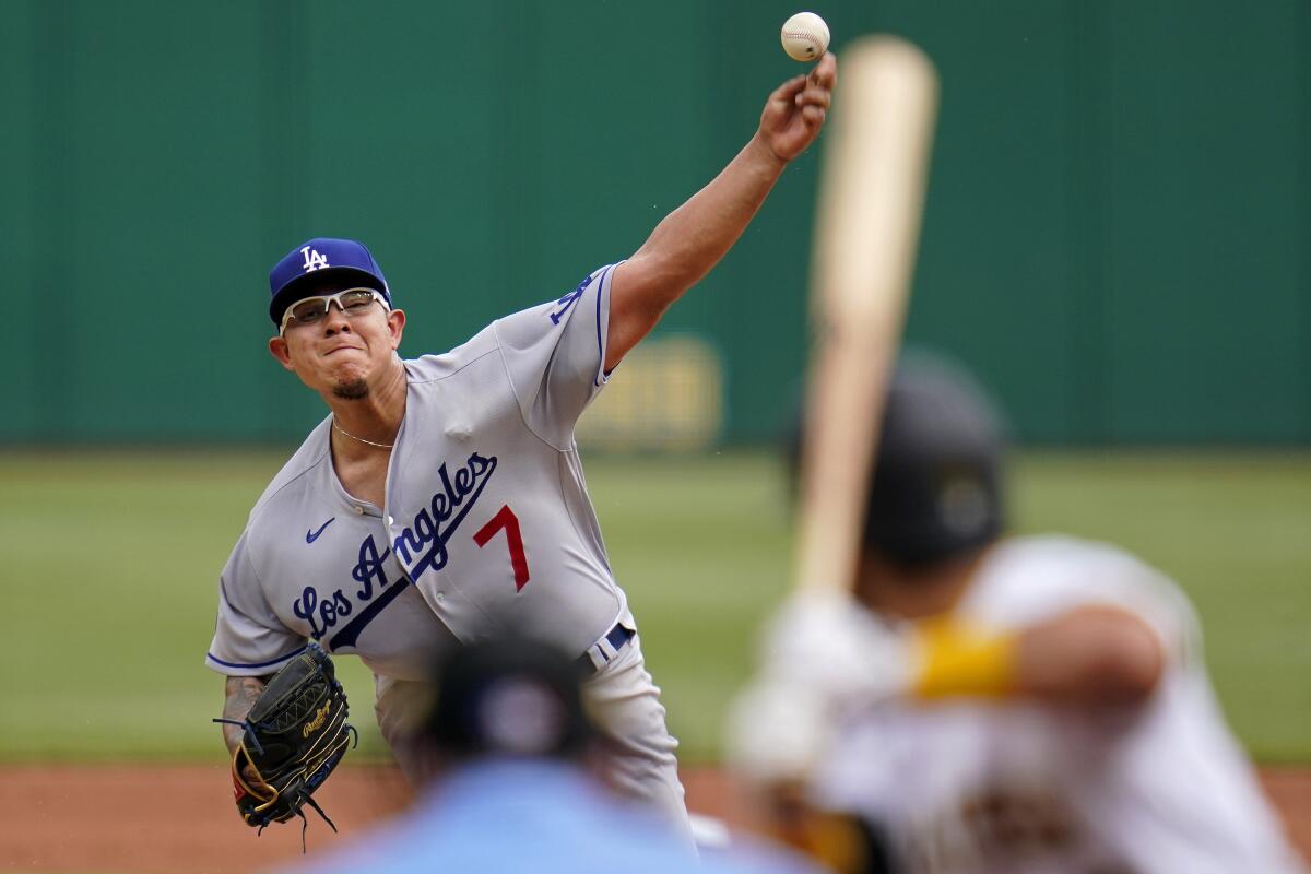 Dodgers starting pitcher Julio Urías delivers during the first inning Thursday.