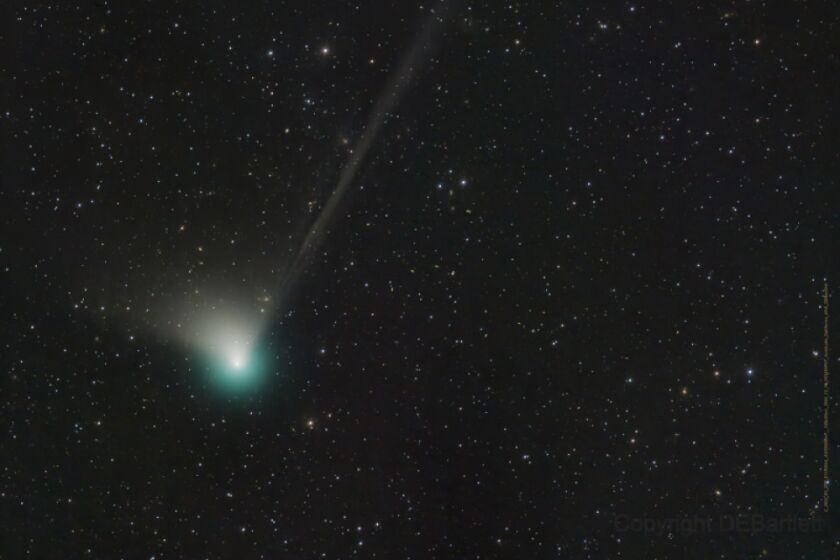 This photo provided by Dan Bartlett shows comet C/2022 E3 (ZTF) on Dec. 19, 2022. It last visited during Neanderthal times, according to NASA. It is expected to come within 26 million miles (42 million kilometers) of Earth on Feb. 1, 2023, before speeding away again, unlikely to return for millions of years. (Dan Bartlett via AP)