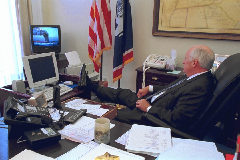 Vice President Dick Cheney watches news coverage as the Sept. 11, 2001, attacks unfold.