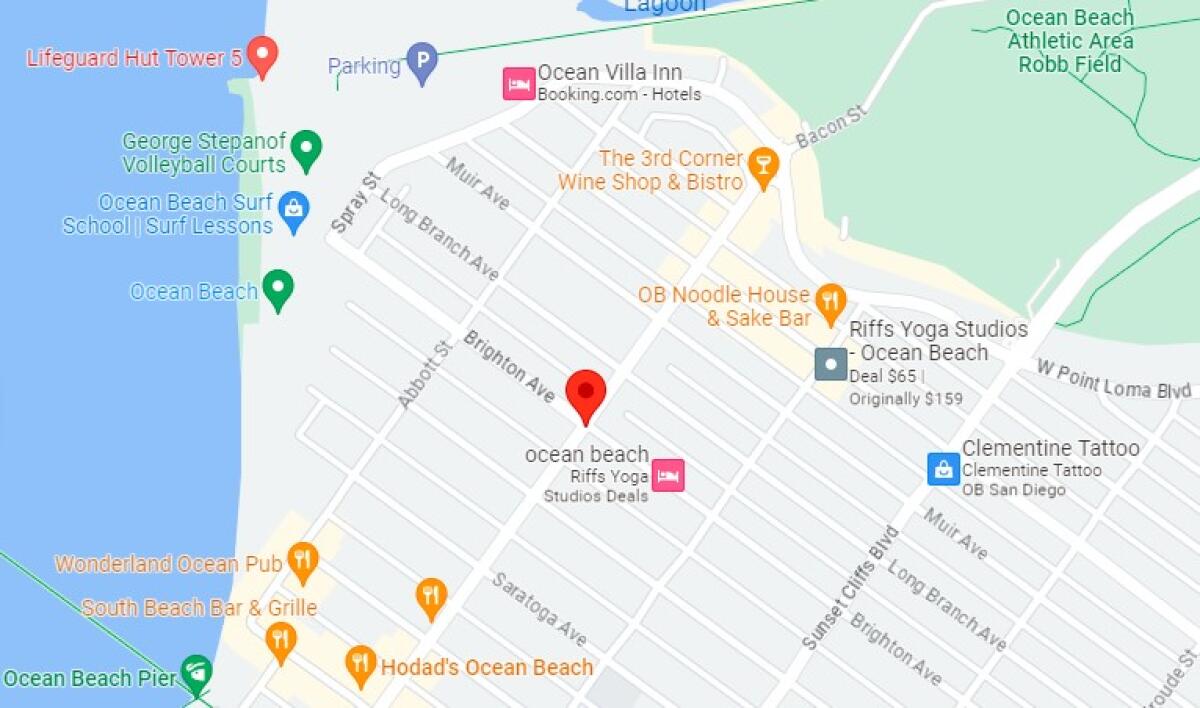 The intersection of Bacon Street and Brighton Avenue in Ocean Beach