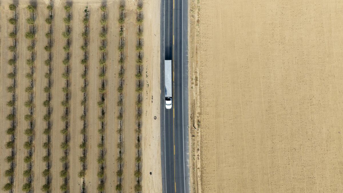 In an aerial view, a tractor-trailer on a road passes between fields.