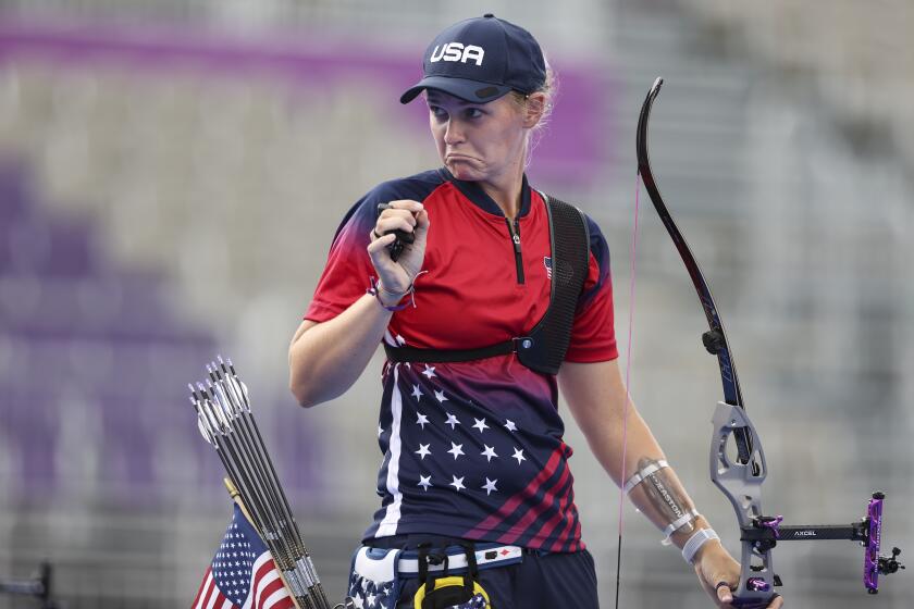 TOKYO, JAPAN - JULY 30: Mackenzie Brown of Team United States reacts during the the archery Women's Individual semifinals on day seven of the Tokyo 2020 Olympic Games at Yumenoshima Park Archery Field on July 30, 2021 in Tokyo, Japan. (Photo by Justin Setterfield/Getty Images)