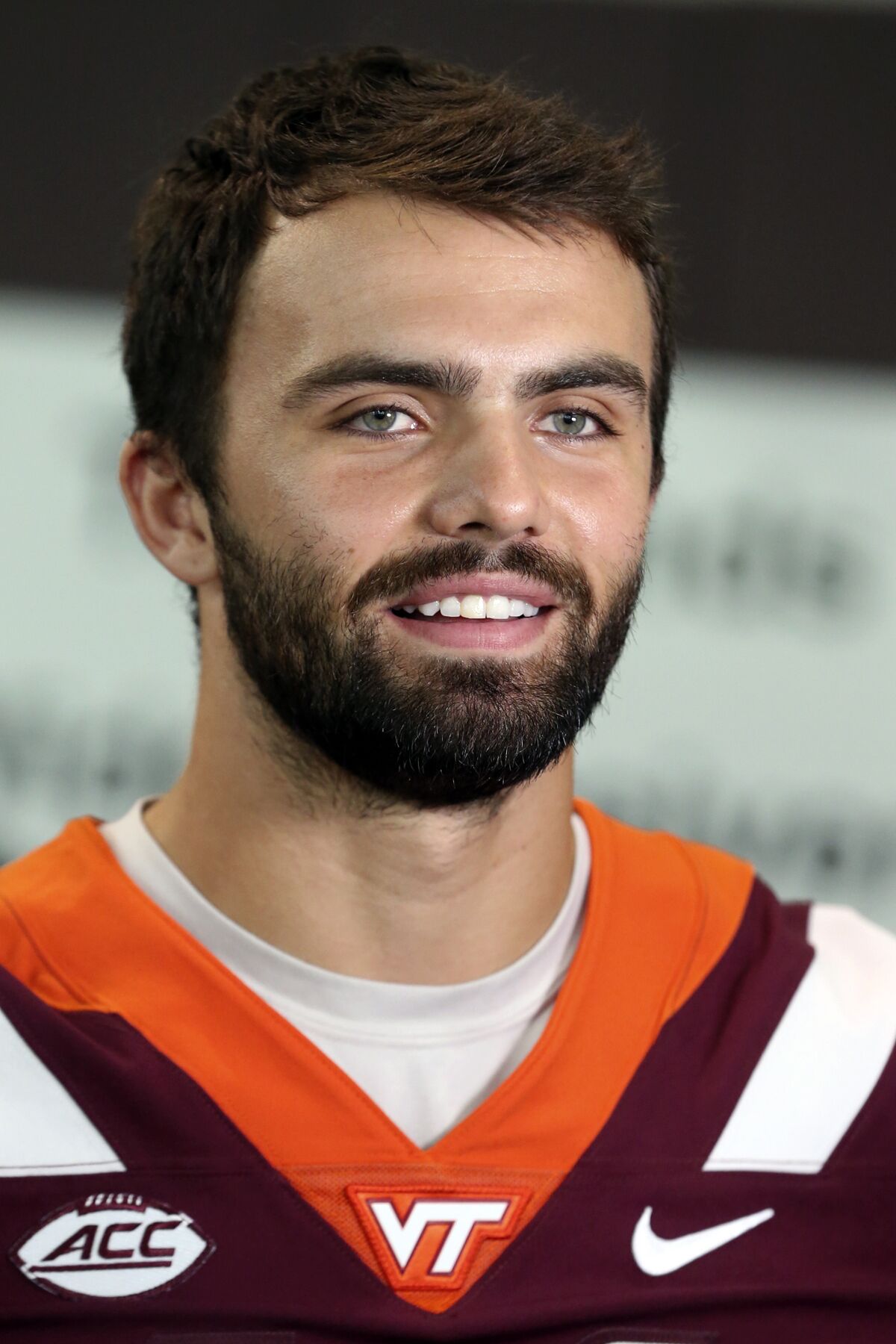 Cole Beck (14) of the Virginia Tech football team during Media Day at the Beamer-Lawson Indoor Practice Facility on Wednesday, Aug. 10 2022, in Blacksburg, Va. (Matt Gentry/The Roanoke Times via AP)