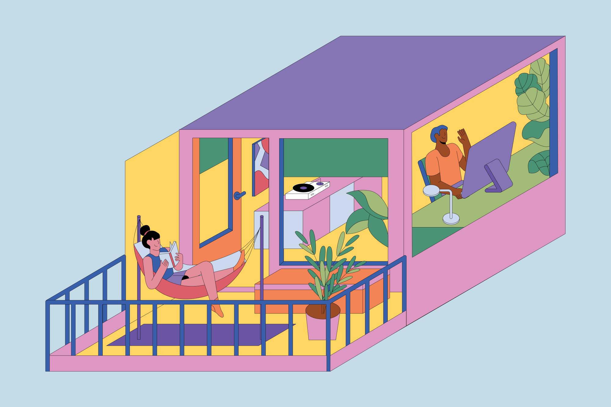 An illustration shows an apartment with workspace and a patio offering fresh air.