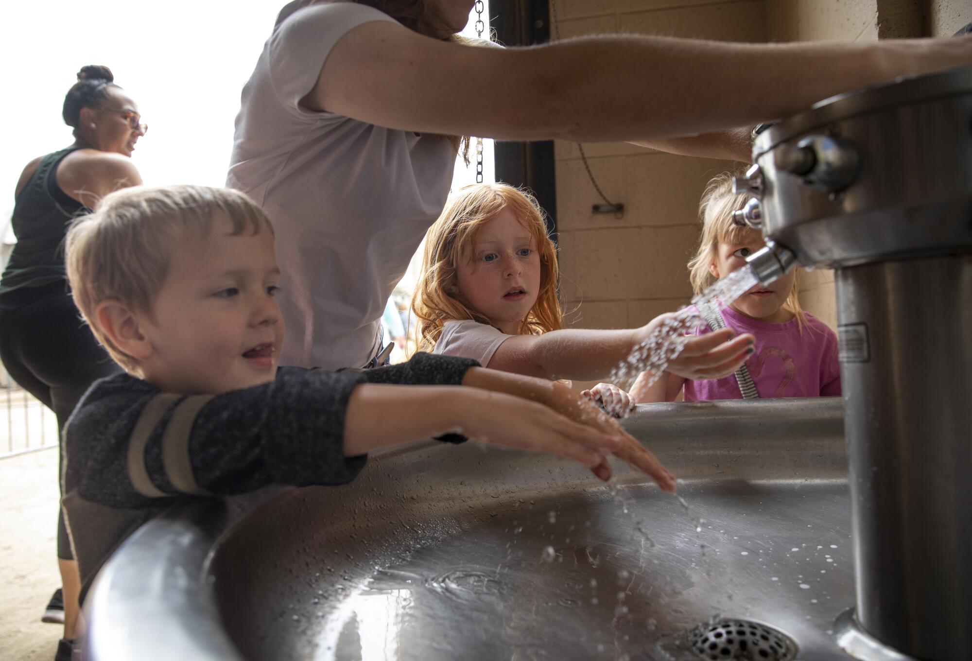 People wash their hands after petting livestock at the San Diego County Fair.