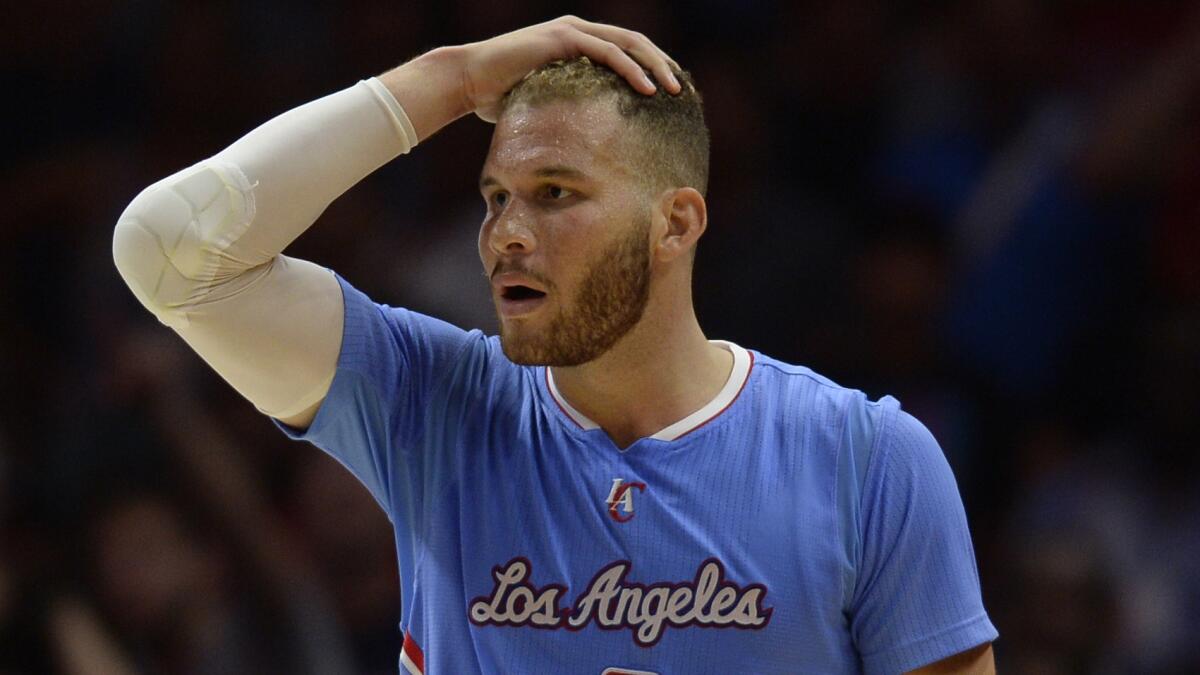 Clippers forward Blake Griffin reacts after being called for a foul during a loss to the Houston Rockets on March 15.