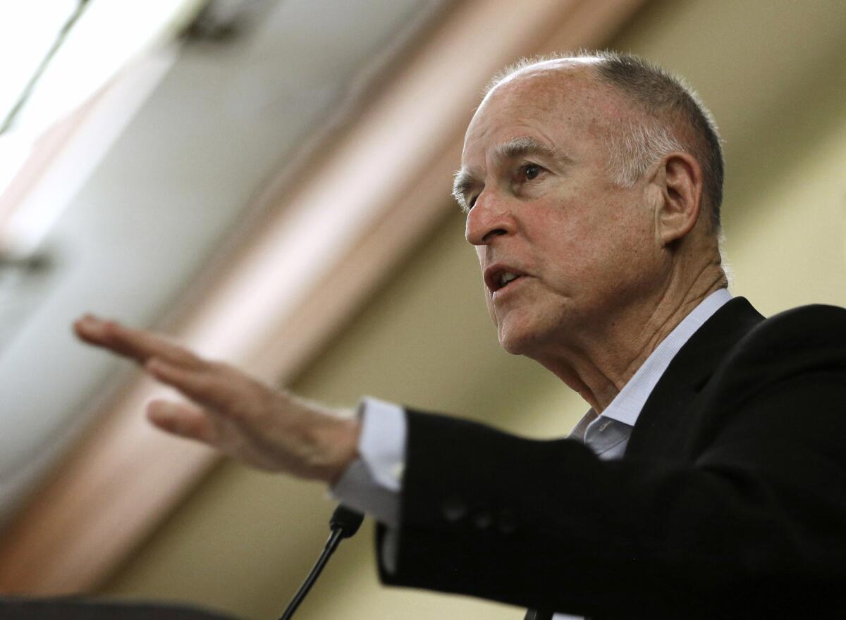 California Gov. Jerry Brown addresses the California State Association of Counties Legislative Conference in Sacramento, Calif. on May 27.