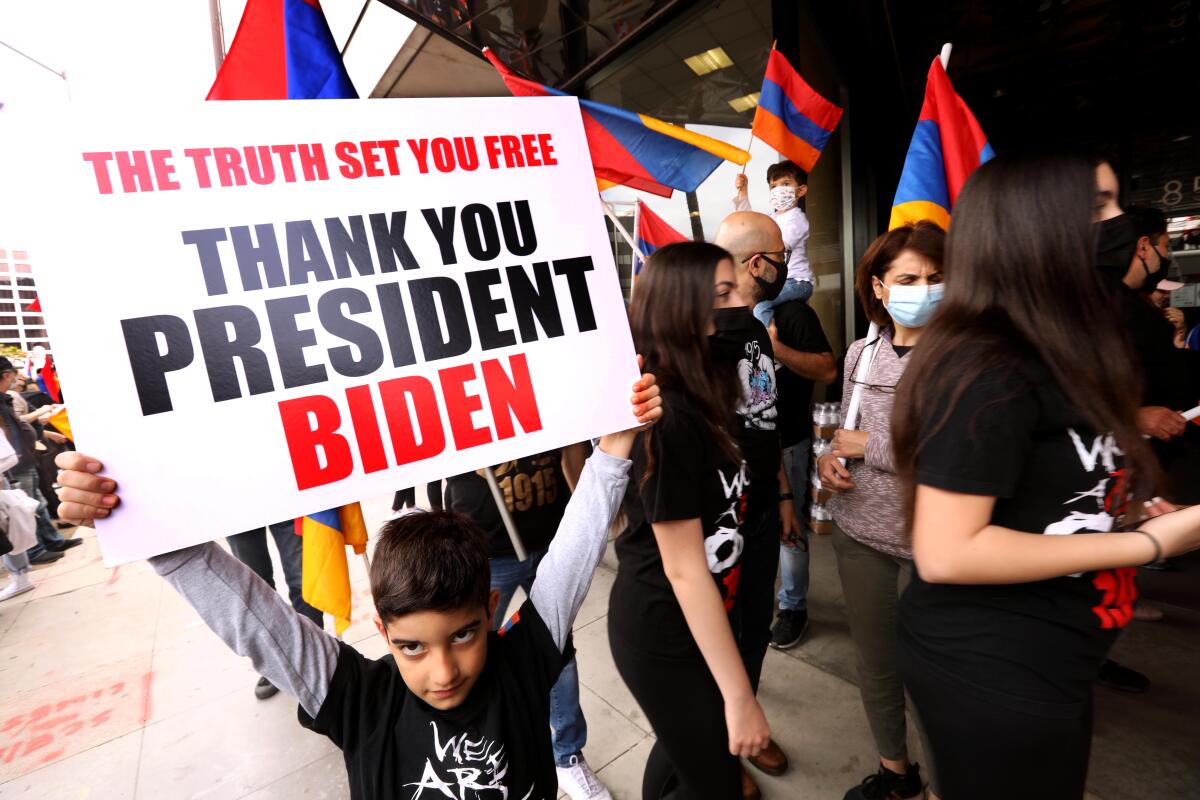 People from the Armenian community celebrate President Biden's decision in Beverly Hills on April 24. 