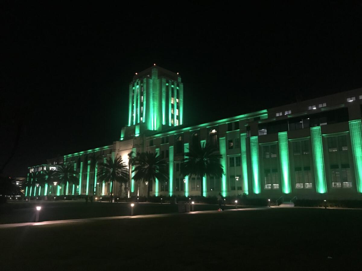 San Diego's County Administration Building went "green" on March 17 to honor St. Patrick's Day and the local Irish community.