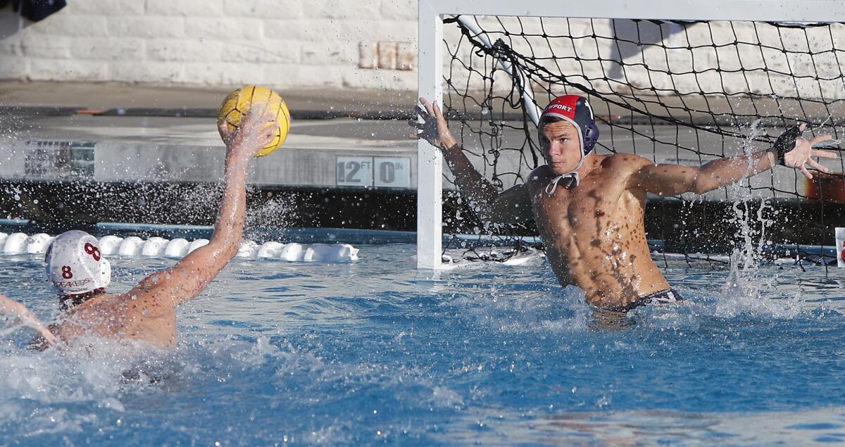 Laguna Beach junior Colton Gregory shoots on Newport Harbor goalie Max Sandberg on Oct. 17, 2017. Gregory made the All-CIF Southern Section Division 2 first team.
