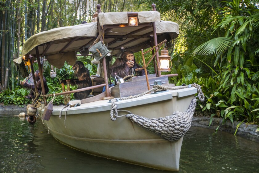 Anaheim, CA - July 09: A view of an expedition's wrecked boat that was taken over by chimpanzees during the Jungle Cruise ride at Adventureland, Disneyland in Anaheim, CA, on Friday, July 9, 2021. The official reopening of Jungle Cruise will be on July 16, 2021, with new adventures, an expanded storyline and more humor as skippers take guests on a tongue-in-cheek journey along some of the most remote rivers around the world at Disneyland. What's new: The expanded backstory centers around Alberta Falls, the granddaughter of the world-renowned Dr. Albert Falls, who is now proprietor of the Jungle Navigation Company Ltd. New scenes include: A safari of explorers from around the world finds itself up a tree after the journey goes awry. Chimpanzees have taken over the expedition's wrecked boat. A Lost & Found location has turned into a Gift Shop run by Alberta's longtime friend, Trader Sam. (Allen J. Schaben / Los Angeles Times)