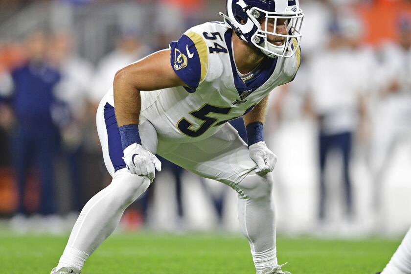 Los Angeles Rams linebacker Bryce Hager waits for the snap of the ball during the first half of an NFL football game against the Cleveland Browns, Sunday, Sept. 22, 2019, in Cleveland. The Rams won 20-13. (AP Photo/David Dermer)