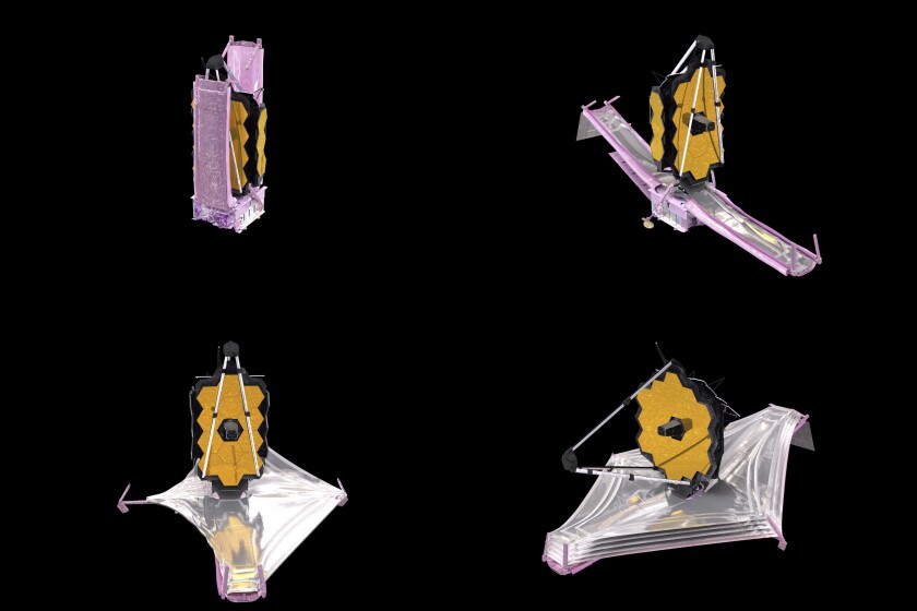 FILE - This combination of images from a computer animation made available by NASA in December 2021 depicts the unfolding of the components of the James Webb Space Telescope. Webb is so big that it had to be folded origami-style to fit into the nose cone of the Ariane rocket. (NASA/Goddard Space Flight Center Conceptual Image Lab via AP)