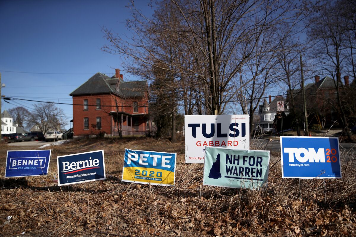 Yard signs for Democratic presidential candidates in Manchester, N.H.