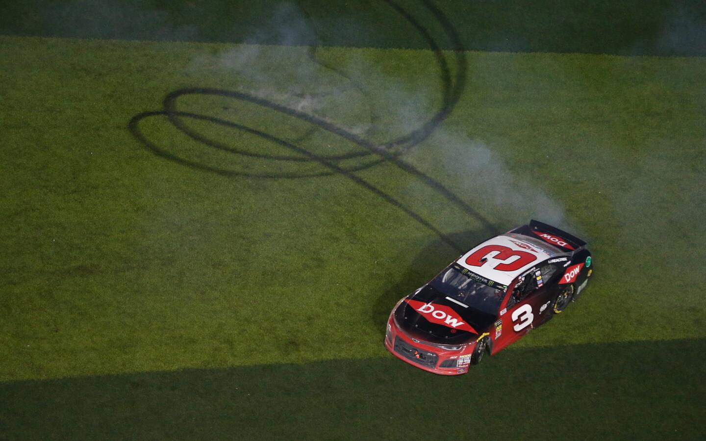 DAYTONA BEACH, FL - FEBRUARY 18: Austin Dillon, driver of the #3 DOW Chevrolet, celebrates with a burnout after winning the Monster Energy NASCAR Cup Series 60th Annual Daytona 500 at Daytona International Speedway on February 18, 2018 in Daytona Beach, Florida. (Photo by Brian Lawdermilk/Getty Images) ** OUTS - ELSENT, FPG, CM - OUTS * NM, PH, VA if sourced by CT, LA or MoD **