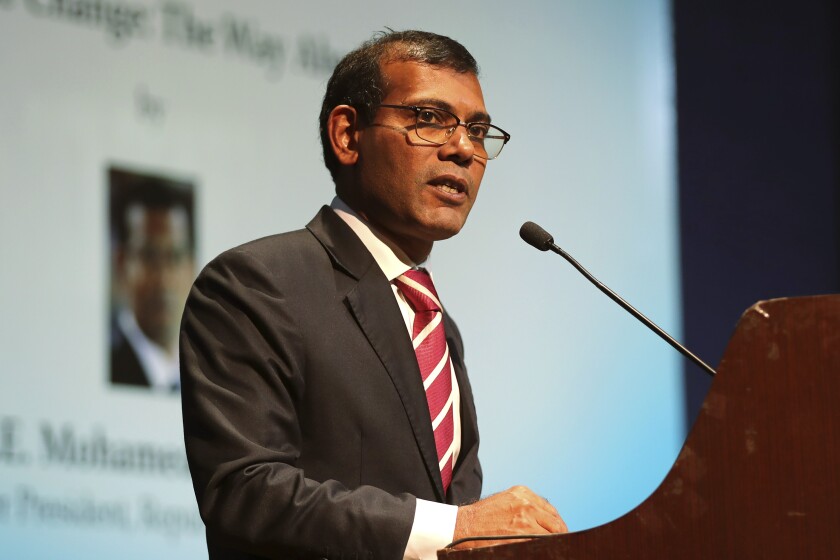 FILE - In this Feb. 14, 2019, file photo, former Maldives President Mohamed Nasheed delivers a lecture on climate change in New Delhi, India. Nasheed has been injured in a blast Thursday, May 6, 2021 near his home and was being treated in a hospital in the capital, police said. (AP Photo/Manish Swarup, File)