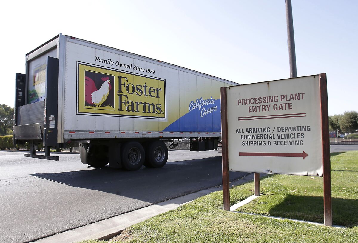 A truck enters the Foster Farms processing plant in Livingston, Calif. 