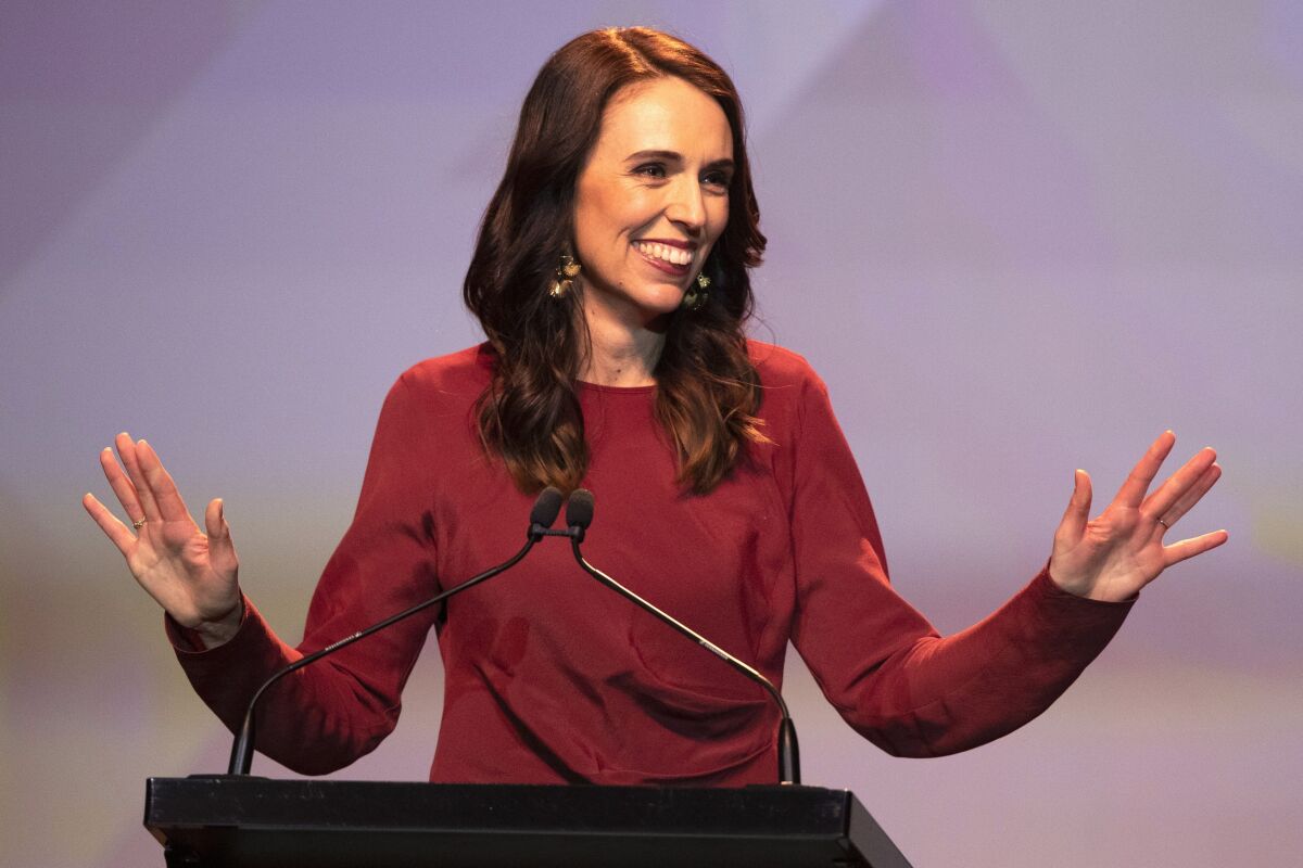 FILE - New Zealand's Prime Minister Jacinda Ardern gestures as she gives her victory speech to Labour Party members at an event in Auckland, New Zealand, Oct. 17, 2020. Ardern has been chosen to give the keynote speech at Harvard University's commencement on May 26, 2022. (AP Photo/Mark Baker, File)