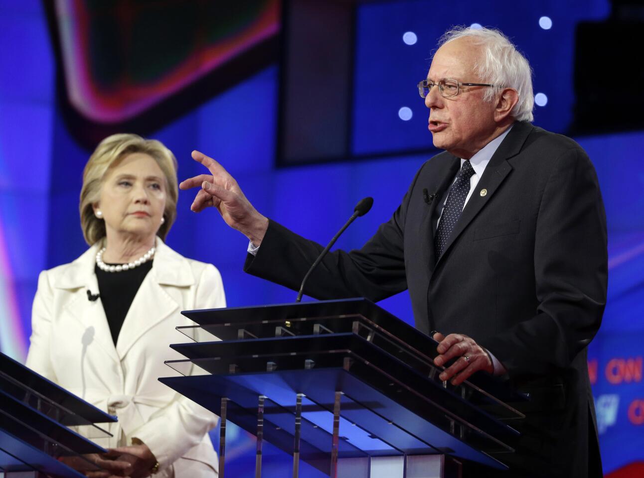 Democratic presidential candidates Bernie Sanders and Hillary Clinton during their debate in Brooklyn, N.Y.