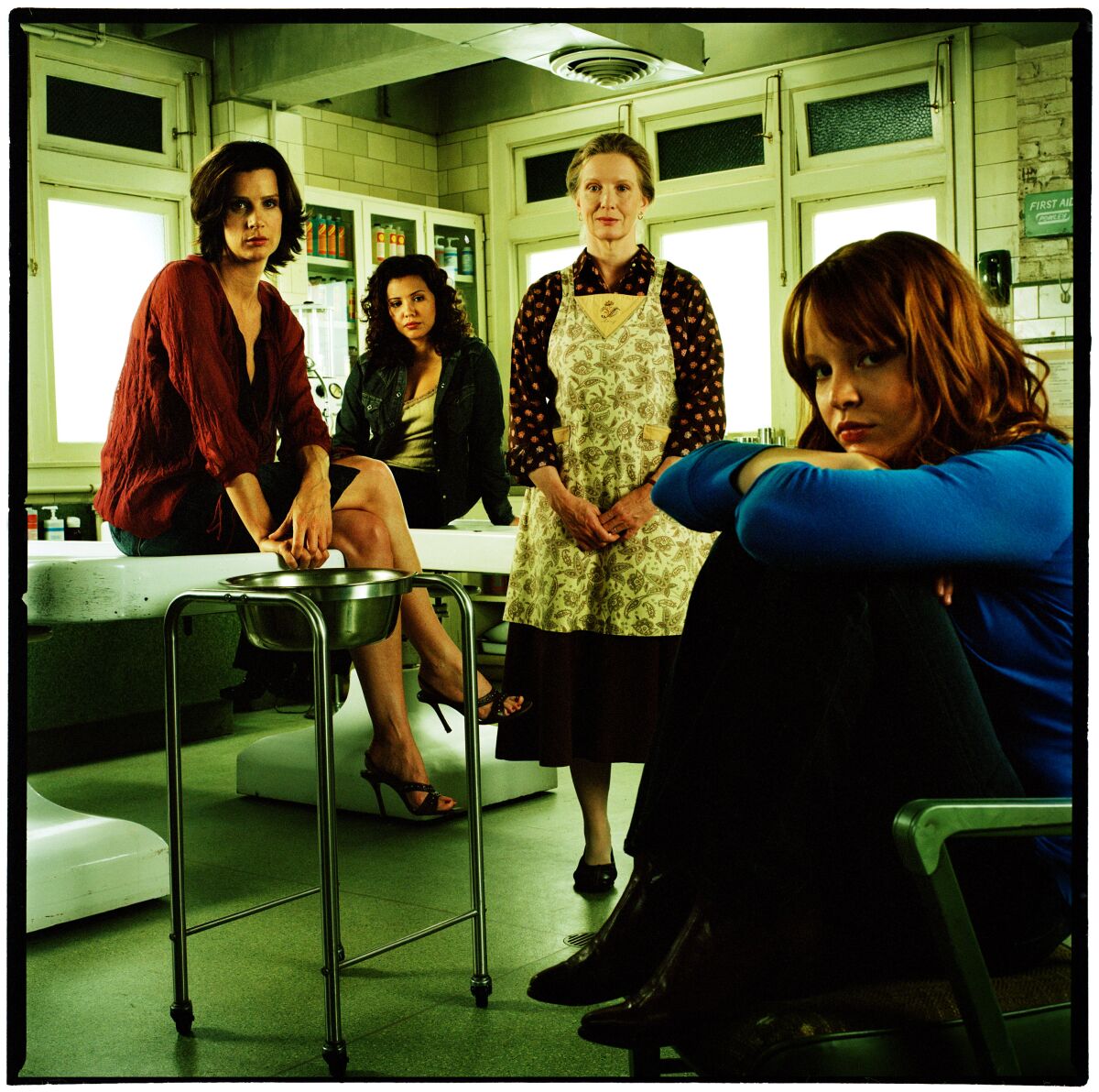 (L-R) Rachel Griffiths, Justina Machado, Frances Conroy, and Lauren Ambrose on the set of "Six Feet Under."