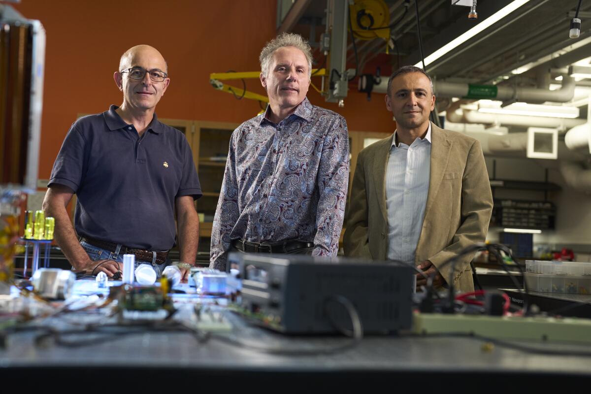 Sergio Pellegrino, from left, Harry Atwater, and Ali Hajimiri, the principal investigators of the Space Solar Power Project.