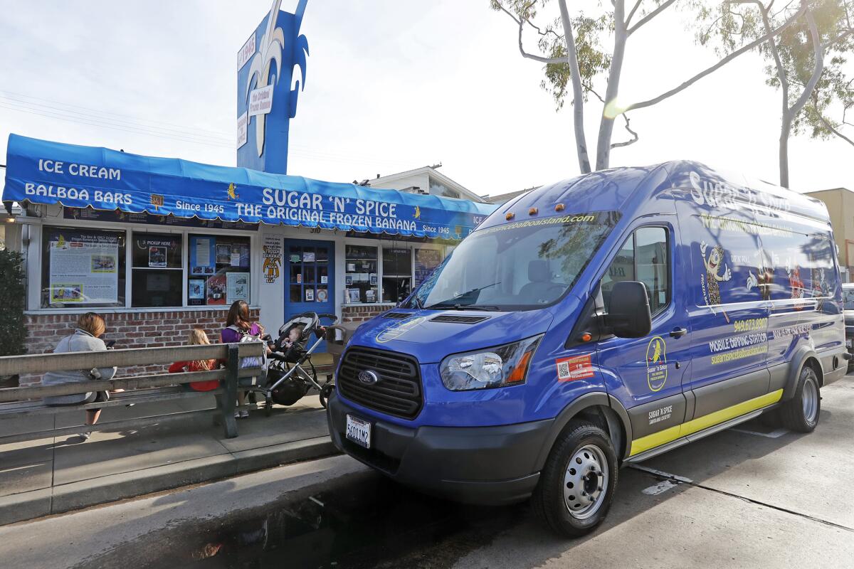 The “Dip N’ Roll” van takes Sugar ’n Spice's frozen treats to events. Balboa Island's self-proclaimed original home of the frozen banana is 75 years old this year.