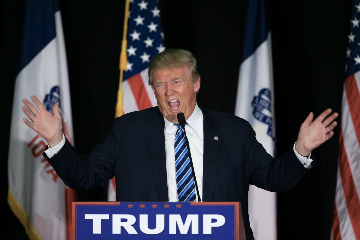 FILE - Republican presidential candidate Donald Trump speaks during a campaign stop in Council Bluffs, Iowa, Dec. 29, 2015. When Trump steps before a judge next week to be arraigned in a New York courtroom, it will not only mark the first time a former U.S. president has faced criminal charges. It will also represent a reckoning for a man long nicknamed "Teflon Don," who until now has managed to skirt serious legal jeopardy despite 40 years of legal scrutiny. (AP Photo/Nati Harnik, File)