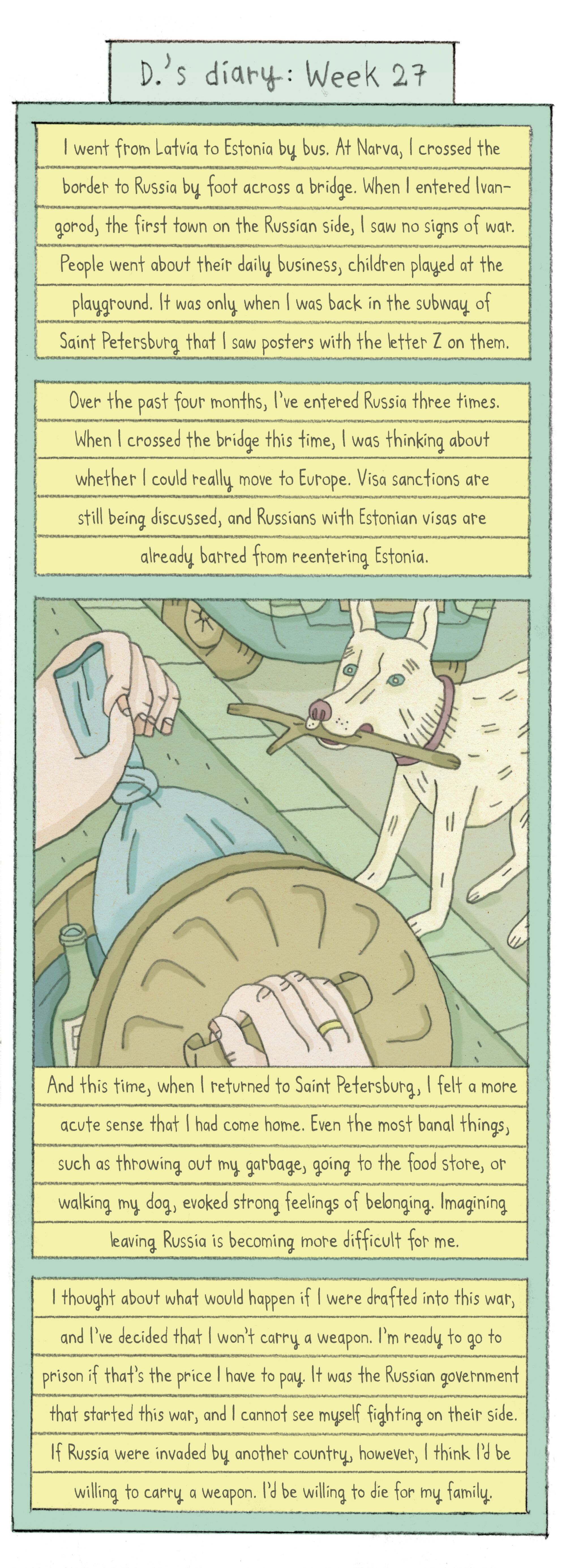 illustrated comic depicting someone putting garbage into a pail, with a white dog holding a stick nearby.