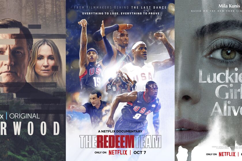This combination of images shows promotional art for "Sherwood," a series premiering Oct. 4 on Britbox, left, "The Redeem Team," a documentary premiering Oct. 7 on Netflix and "Luckiest Girl Alive," a film premiering Oct. 7 on Netflix. (Britbox/Netflix/Netflix via AP)