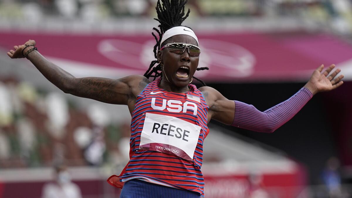 Brittney Reese, of the United States, competes in the women's long jump.