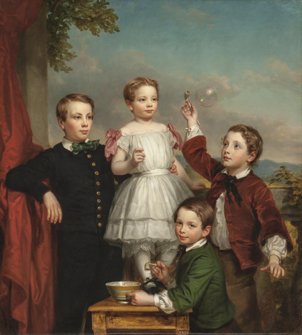 George Augustus Baker Jr., "Portrait of Children," 1853, oil on canvas. The youngsters play with soap pipes.