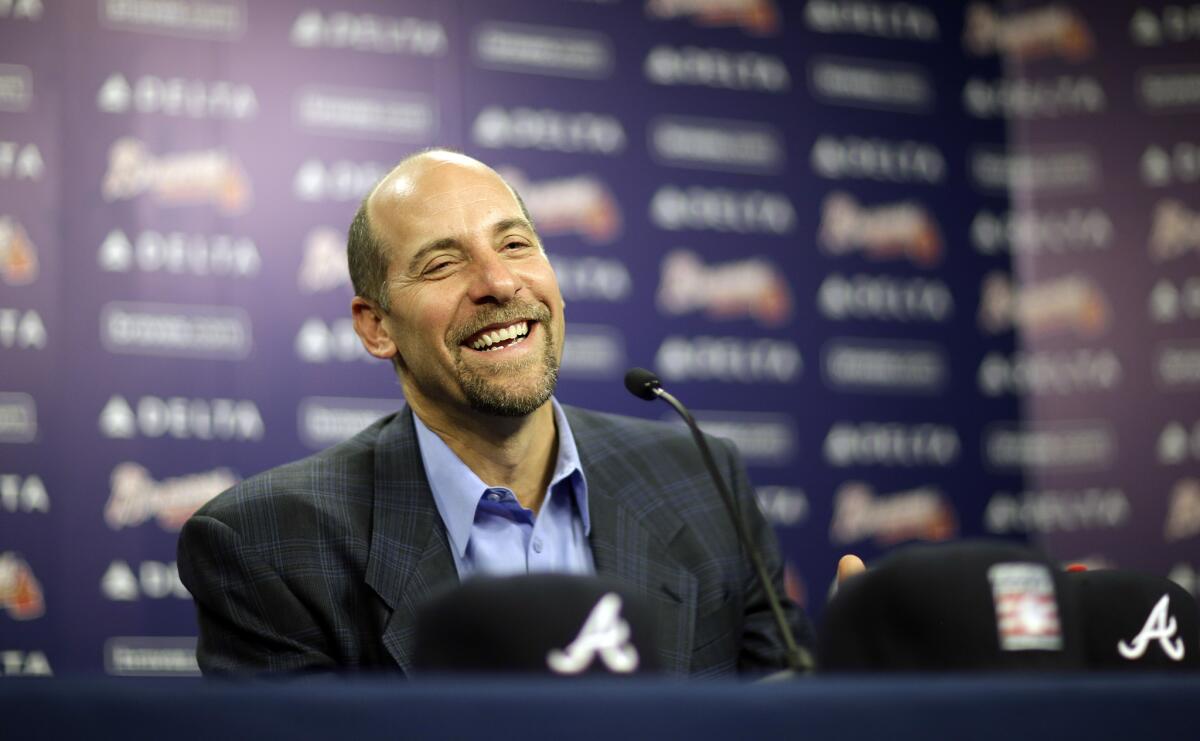 Former pitcher John Smoltz speaks to the media in Atlanta after his election to the Baseball Hall of Fame on Jan. 6.