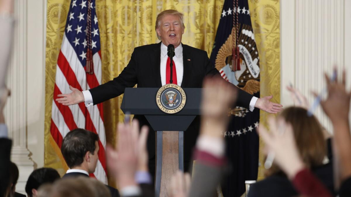 President Trump speaks during a news conference on Feb. 16, 2017, in the East Room of the White House.