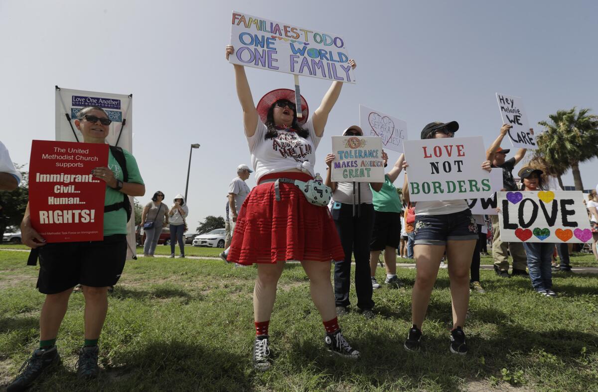 MCALLEN, TEXAS: Protesters gather near a U.S. Customs and Border Protection station to speak out against immigration policy.
