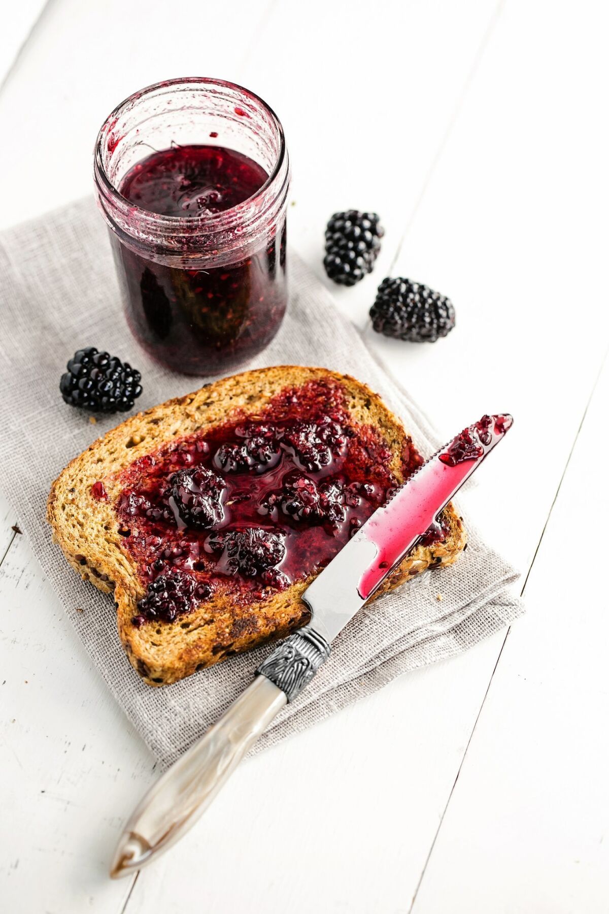 For food cover story about jam making. This is Blackberry and Bay Leaf Jam. Styled and photographed by Anita L. Arambula U-T Anita L.Arambula