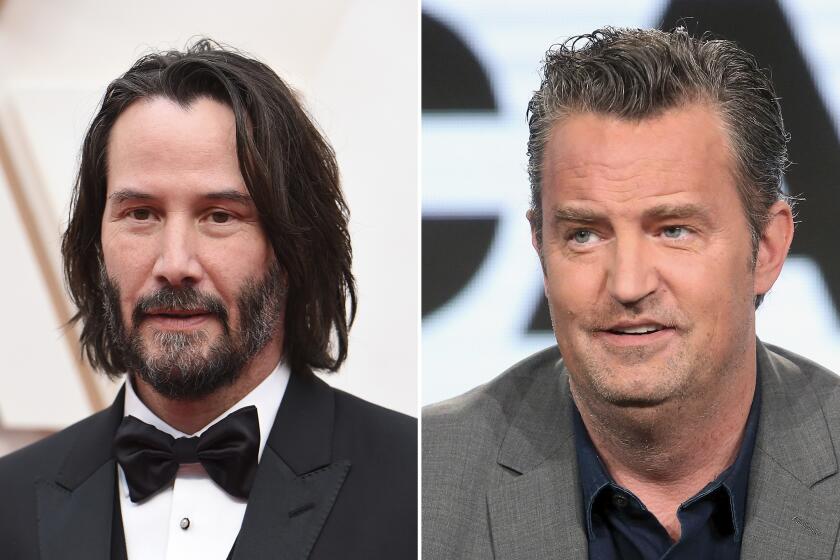 Left, Keanu Reeves appears at the Oscars in Los Angeles on Feb. 9, 2020. Right, Jan. 2017 photo of Matthew Perry in Pasadena.