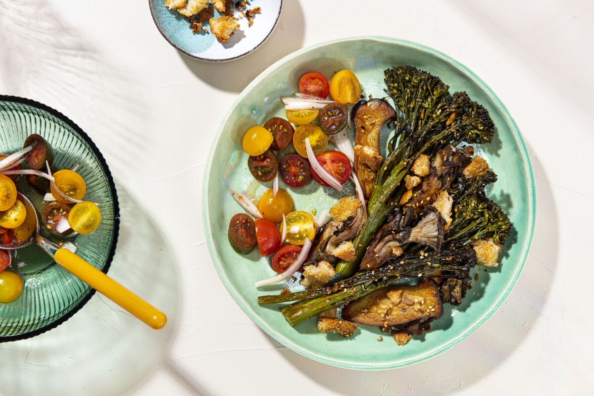 Roast Mushrooms and Broccolini With Sesame Crumbs and Pickled Tomatoes.