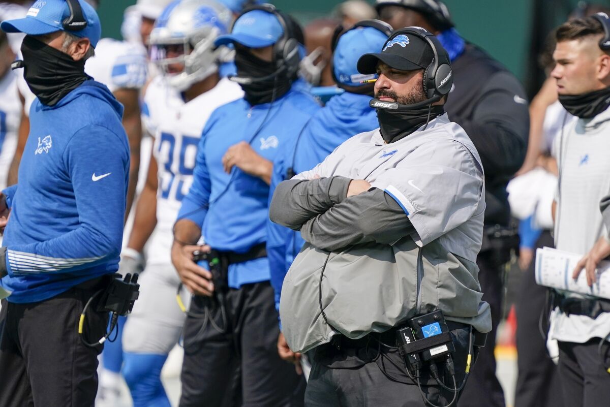 Detroit Lions head coach Matt Patricia watches during the second half of an NFL football game against the Green Bay Packers Sunday, Sept. 20, 2020, in Green Bay, Wis. (AP Photo/Morry Gash)