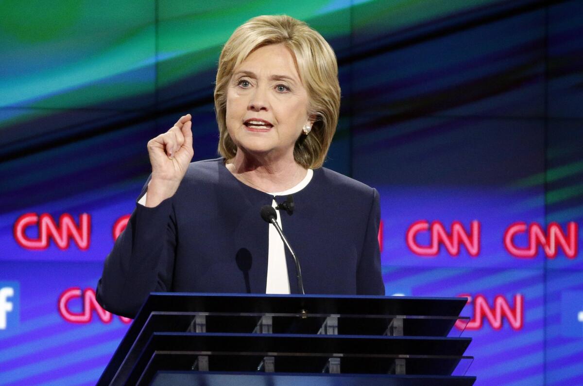 Hillary Rodham Clinton speaks during the Democratic presidential debate in Las Vegas.