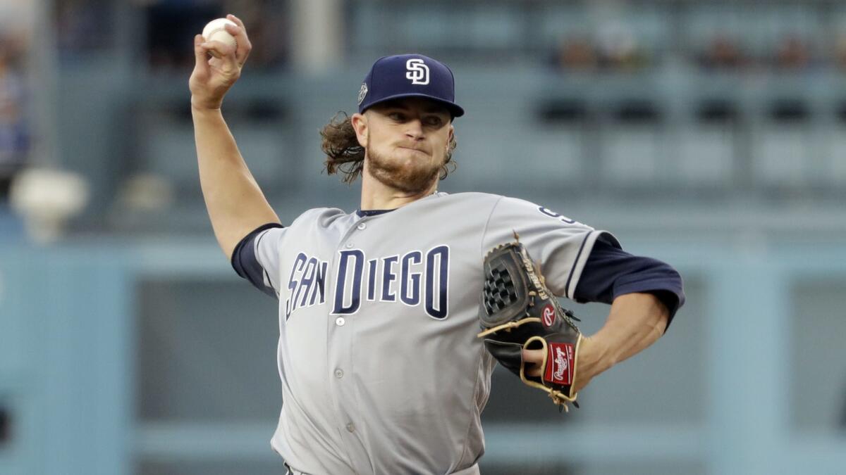 San Diego Padres starting pitcher Chris Paddack throws during the first inning Tuesday at Dodger Stadium.