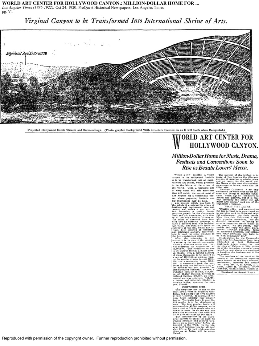 Oct. 24, 1920: The L.A. Times trumpets the construction of a "Mecca" for art lovers that was to become the Hollywood Bowl.