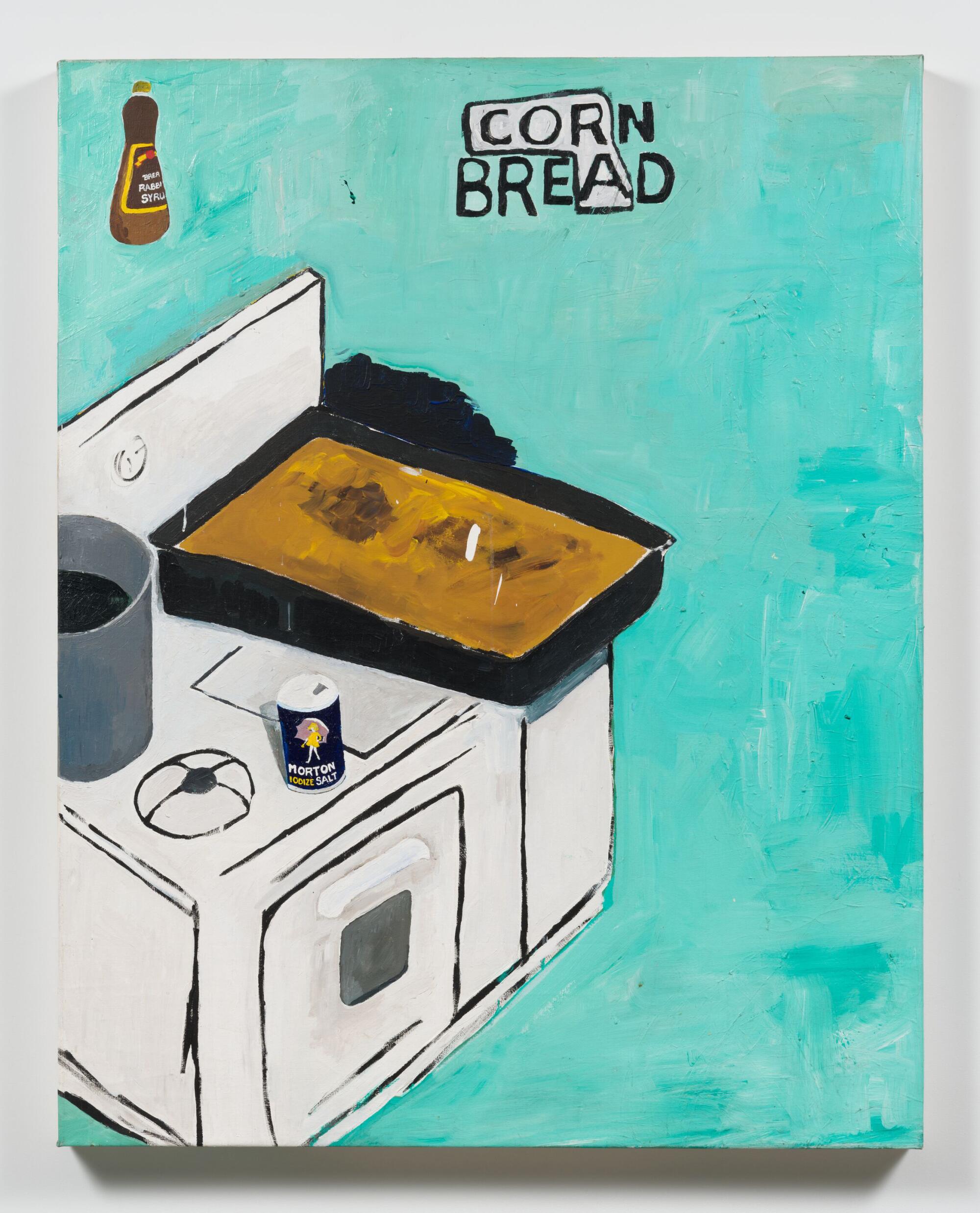 A painting by Henry Taylor shows a tray of cornbread on a stove set against a bright teal background.