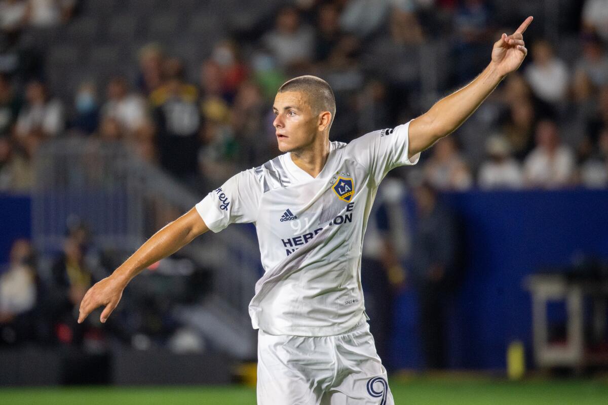 Galaxy's Dejan Joveljic reacts during a match.